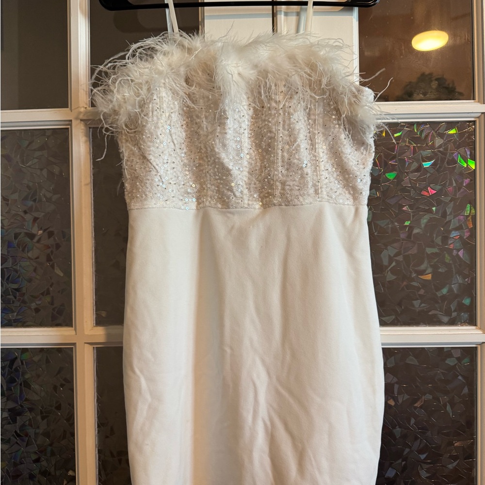 Windsor Ivory Feathered Sequin Gown